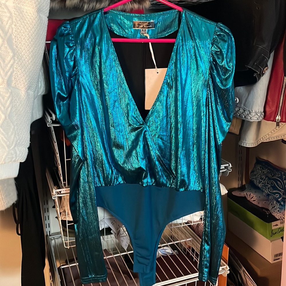 Metallic Blue Puff Sleeve Bodysuit